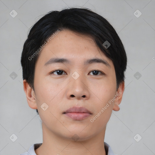 Neutral asian young-adult male with short  black hair and brown eyes