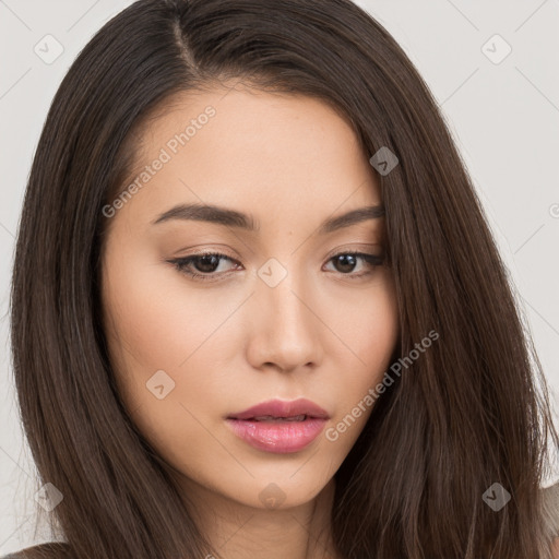 Neutral white young-adult female with long  brown hair and brown eyes