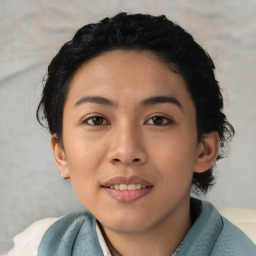 Joyful latino young-adult female with short  black hair and brown eyes
