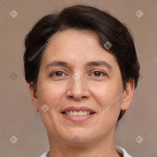 Joyful white adult female with medium  brown hair and brown eyes