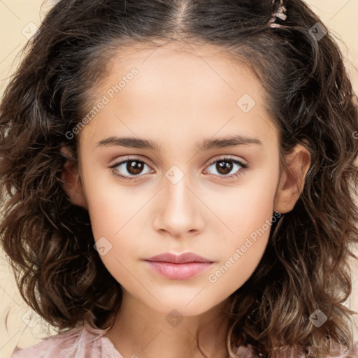 Neutral white child female with long  brown hair and brown eyes