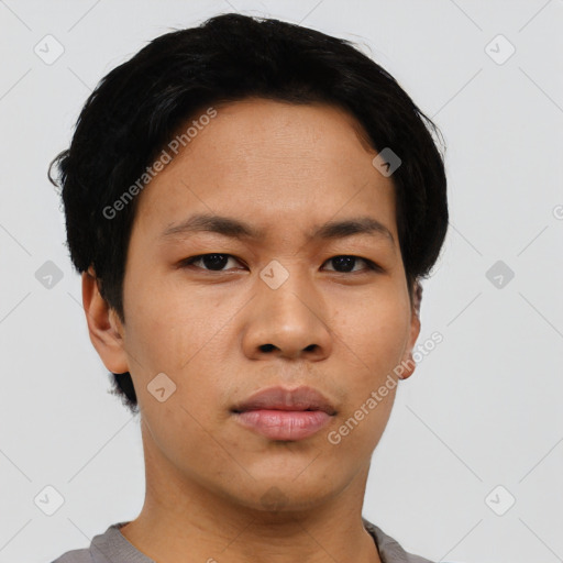 Neutral asian young-adult male with short  black hair and brown eyes