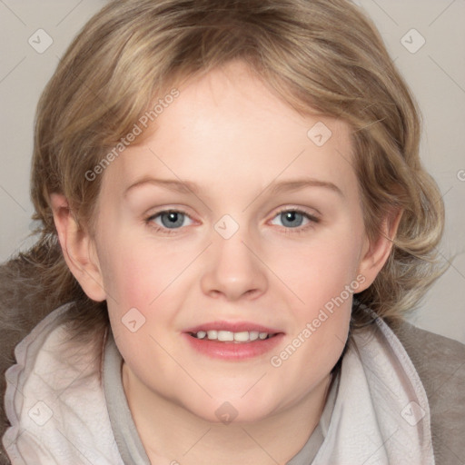 Joyful white young-adult female with medium  brown hair and blue eyes