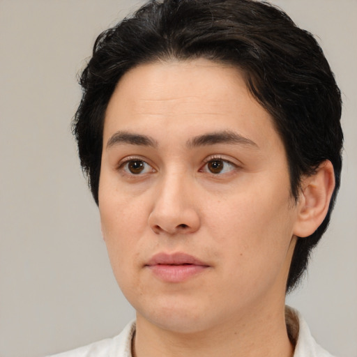 Neutral white young-adult female with medium  brown hair and brown eyes