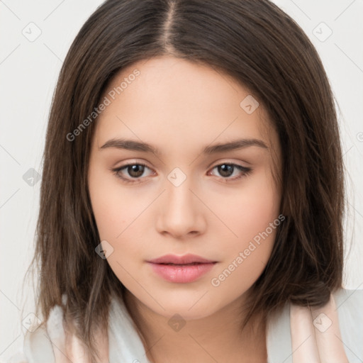 Neutral white young-adult female with medium  brown hair and brown eyes