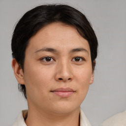 Neutral asian young-adult female with short  brown hair and brown eyes