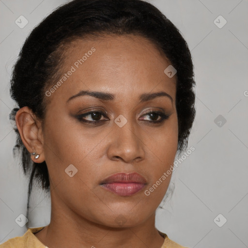 Joyful black young-adult female with medium  brown hair and brown eyes