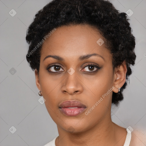 Neutral black young-adult female with short  black hair and brown eyes