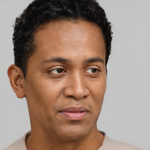 Joyful black young-adult male with short  black hair and brown eyes