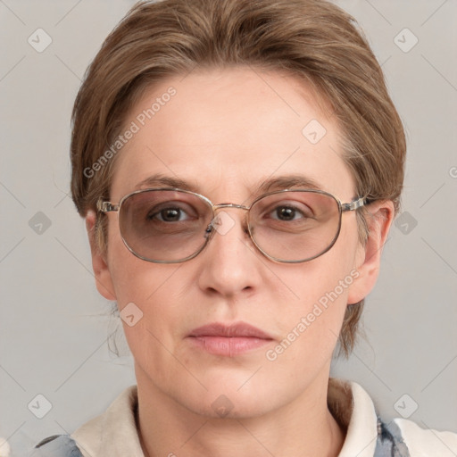 Joyful white adult female with medium  brown hair and blue eyes