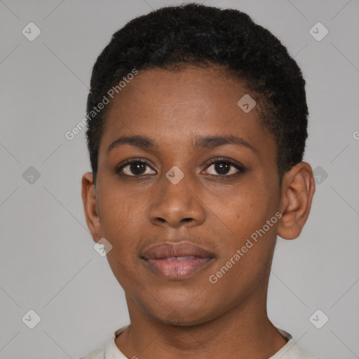 Neutral black young-adult female with short  brown hair and brown eyes