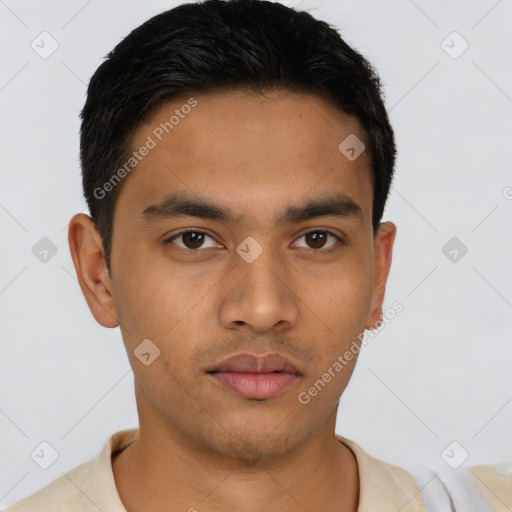 Neutral asian young-adult male with short  brown hair and brown eyes