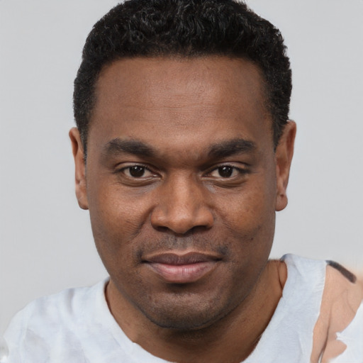 Joyful black young-adult male with short  brown hair and brown eyes