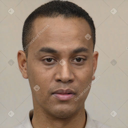 Neutral latino young-adult male with short  black hair and brown eyes
