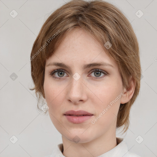 Neutral white young-adult female with medium  brown hair and grey eyes