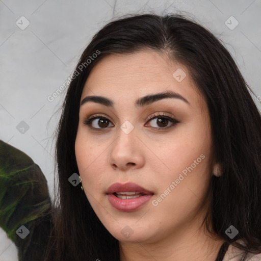 Neutral white young-adult female with long  brown hair and brown eyes