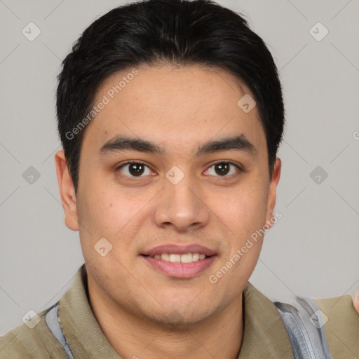 Joyful latino young-adult male with short  brown hair and brown eyes