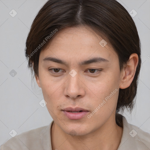 Neutral white young-adult female with medium  brown hair and brown eyes