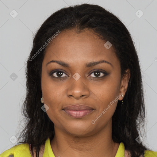 Joyful black young-adult female with long  brown hair and brown eyes