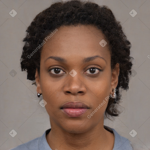 Neutral black young-adult female with short  black hair and brown eyes