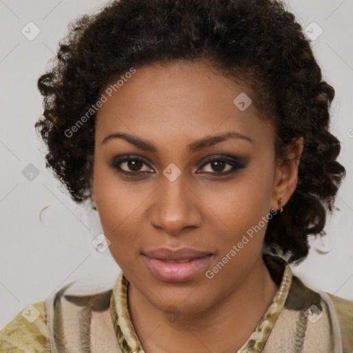 Neutral black young-adult female with medium  brown hair and brown eyes