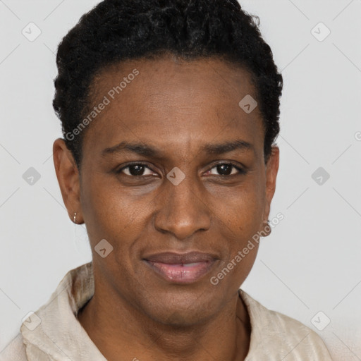 Neutral black adult female with short  black hair and brown eyes