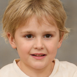 Joyful white child female with short  brown hair and brown eyes