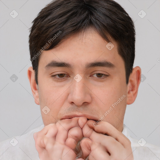 Neutral white adult male with short  brown hair and brown eyes