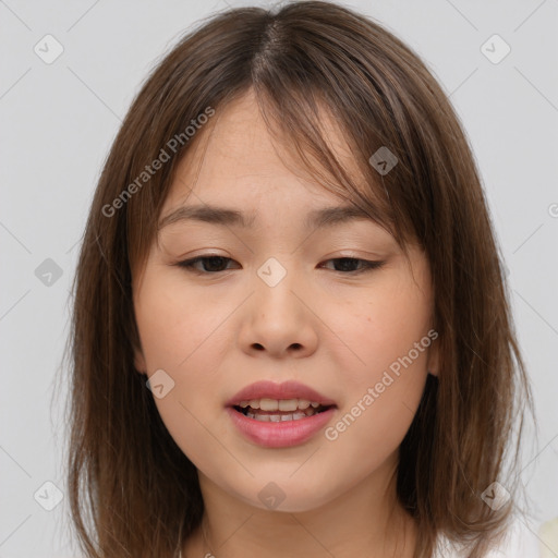 Joyful white young-adult female with medium  brown hair and brown eyes