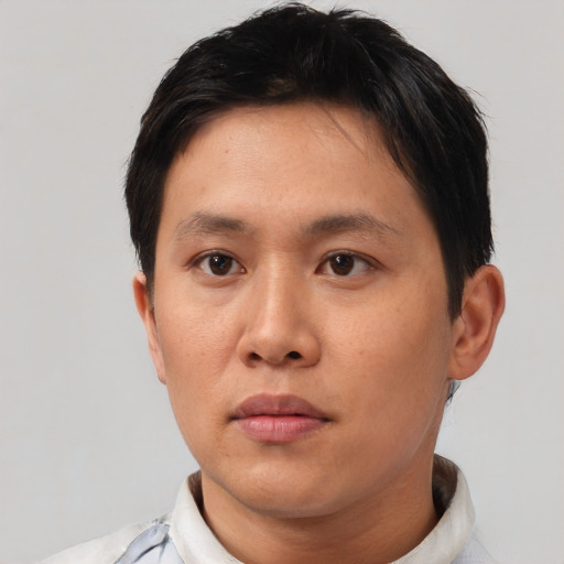 Neutral asian young-adult male with short  brown hair and brown eyes