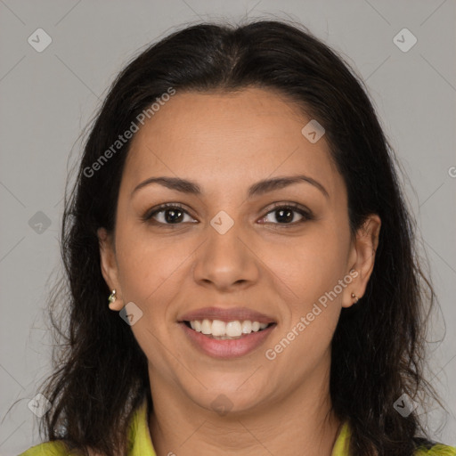 Joyful latino young-adult female with medium  brown hair and brown eyes