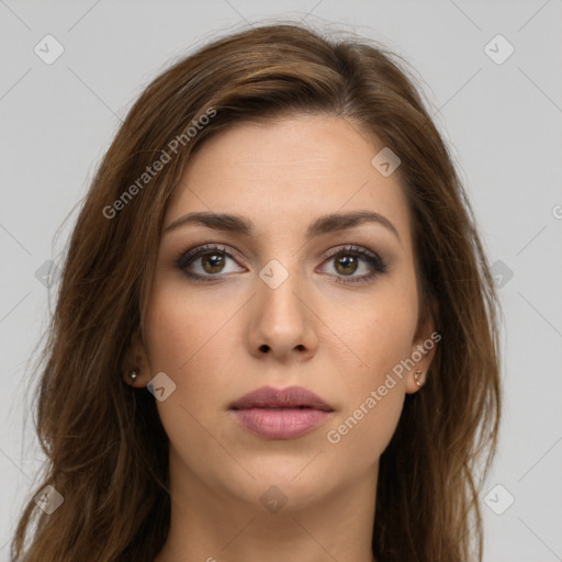 Neutral white young-adult female with long  brown hair and brown eyes