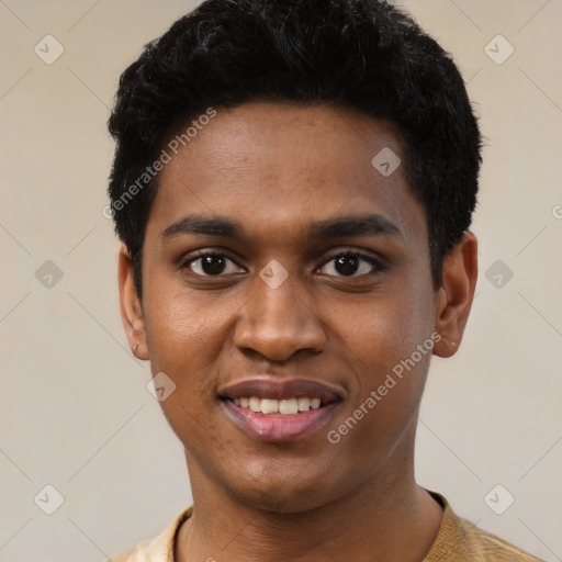 Joyful black young-adult male with short  black hair and brown eyes