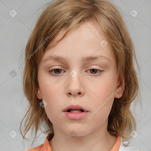 Neutral white child female with medium  brown hair and blue eyes