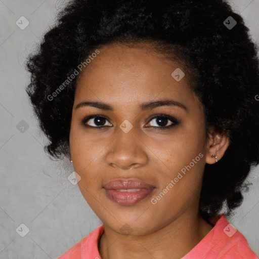 Joyful black young-adult female with medium  black hair and brown eyes