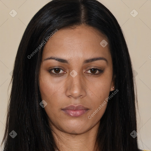 Neutral asian young-adult female with long  black hair and brown eyes