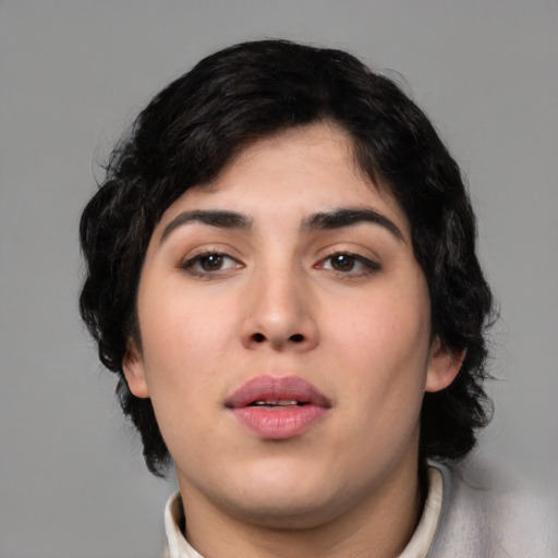 Neutral asian young-adult female with medium  black hair and brown eyes