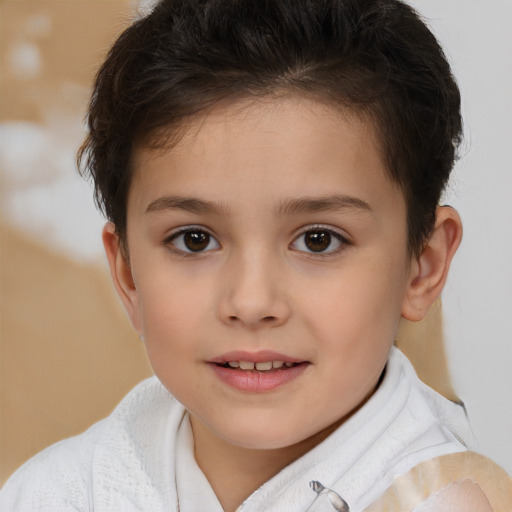 Joyful white child female with short  brown hair and brown eyes