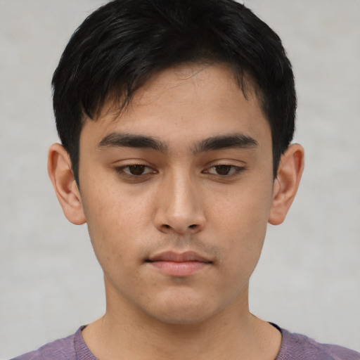 Neutral asian young-adult male with short  black hair and brown eyes