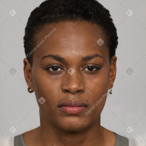 Neutral black young-adult female with short  black hair and brown eyes