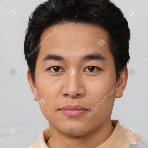 Neutral asian young-adult male with short  brown hair and brown eyes