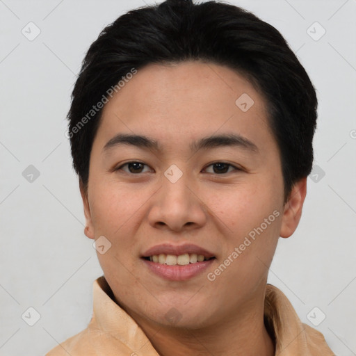 Joyful white young-adult female with short  black hair and brown eyes