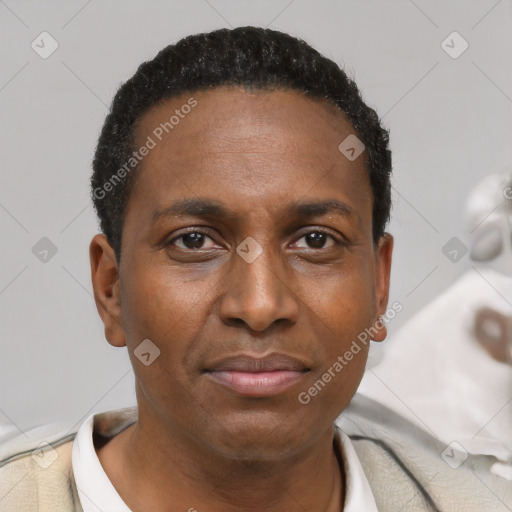 Neutral black young-adult female with short  black hair and brown eyes