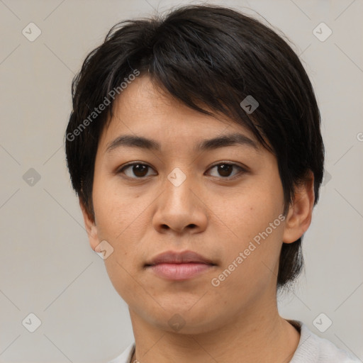 Neutral asian young-adult female with short  brown hair and brown eyes