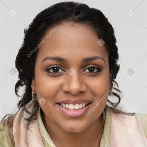 Joyful black young-adult female with long  brown hair and brown eyes