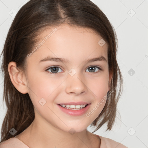 Joyful white child female with medium  brown hair and brown eyes