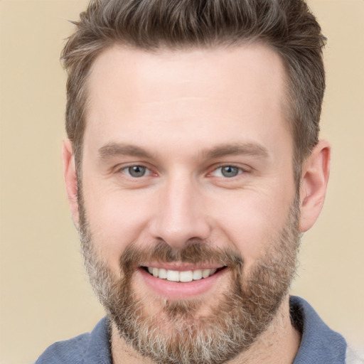 Joyful white adult male with short  brown hair and brown eyes