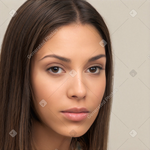 Neutral white young-adult female with long  brown hair and brown eyes