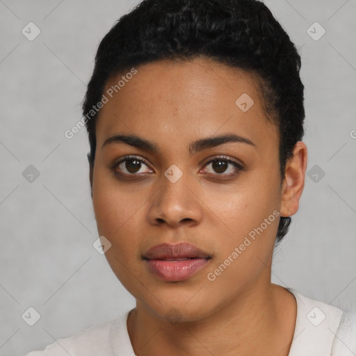 Neutral latino young-adult female with short  black hair and brown eyes