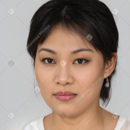 Neutral white young-adult female with medium  brown hair and brown eyes